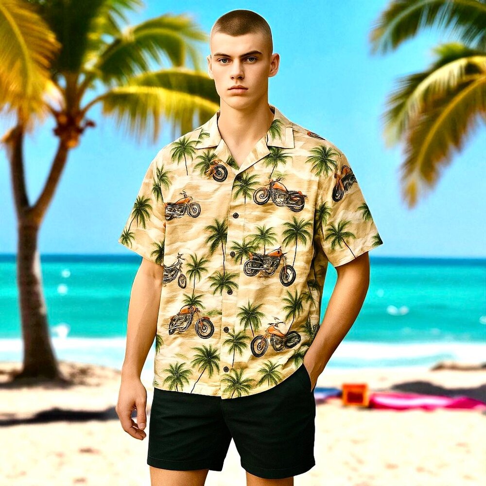Vintage RJC Hawaiian Shirt Motorcycle Biker Chopper Palm Tree Cotton Made in US